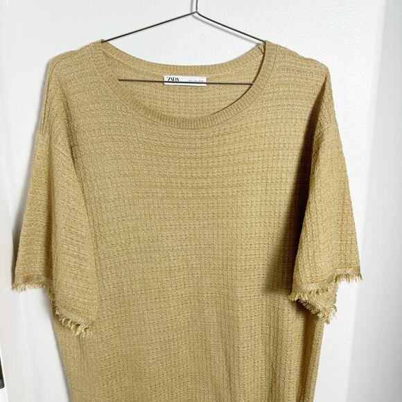 Zara Women's Gold Metallic Fringe Trim Tunic Top in Tan Camel sz L - Picture 4 of 8